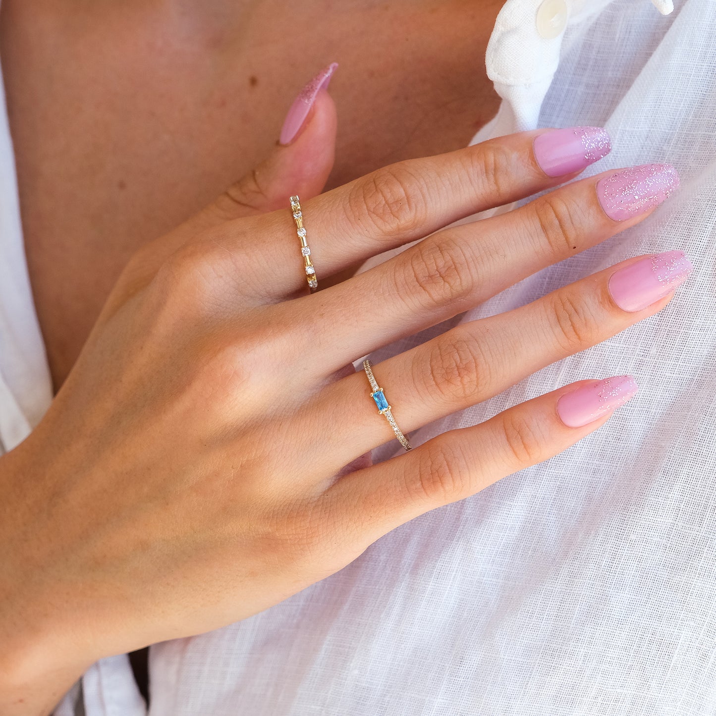14k Gold Aquamarine & Diamond Half Eternity Ring β Dainty March Birthstone Ring