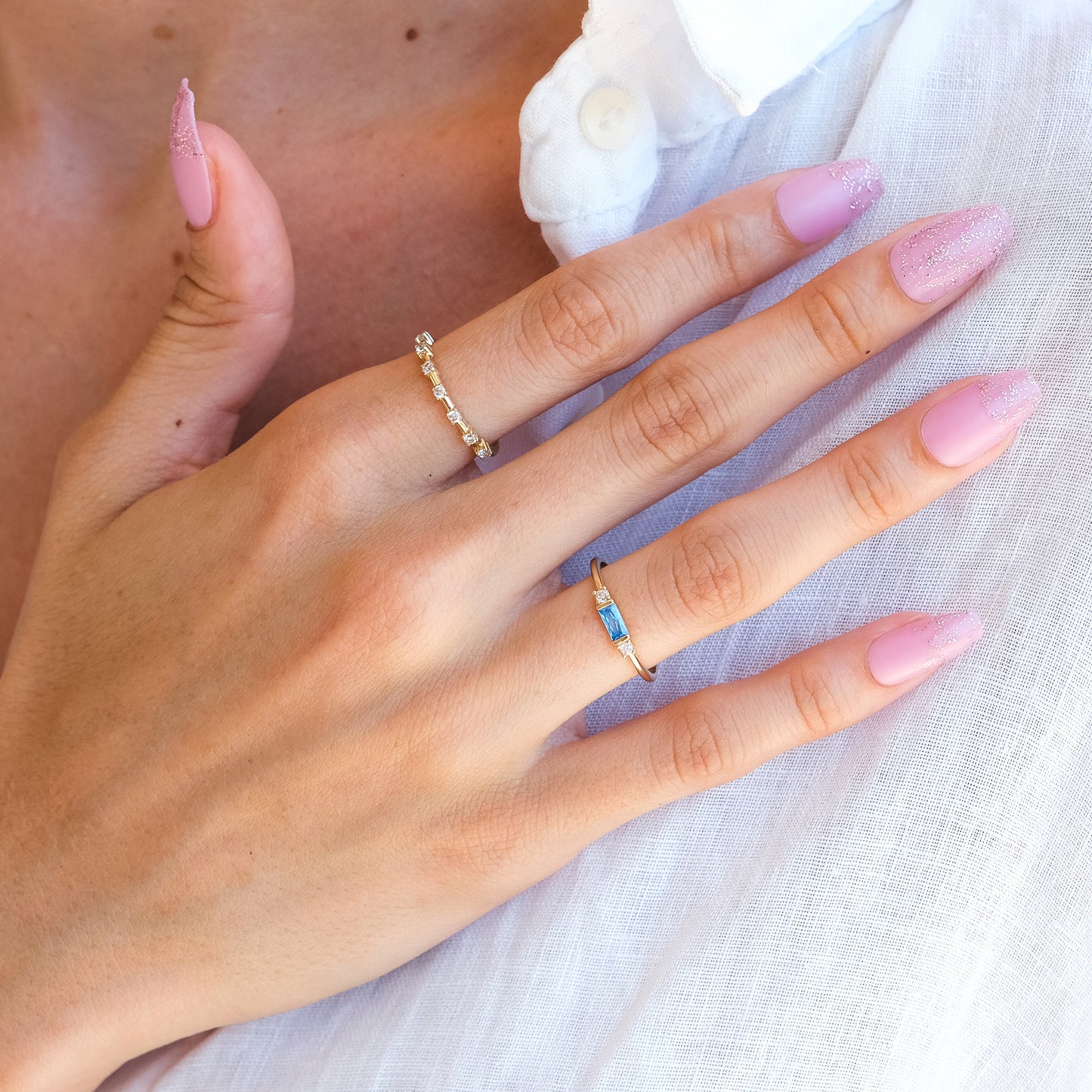 14k Gold Aquamarine & Diamond Stacking Ring – Minimalist March Birthstone Jewelry