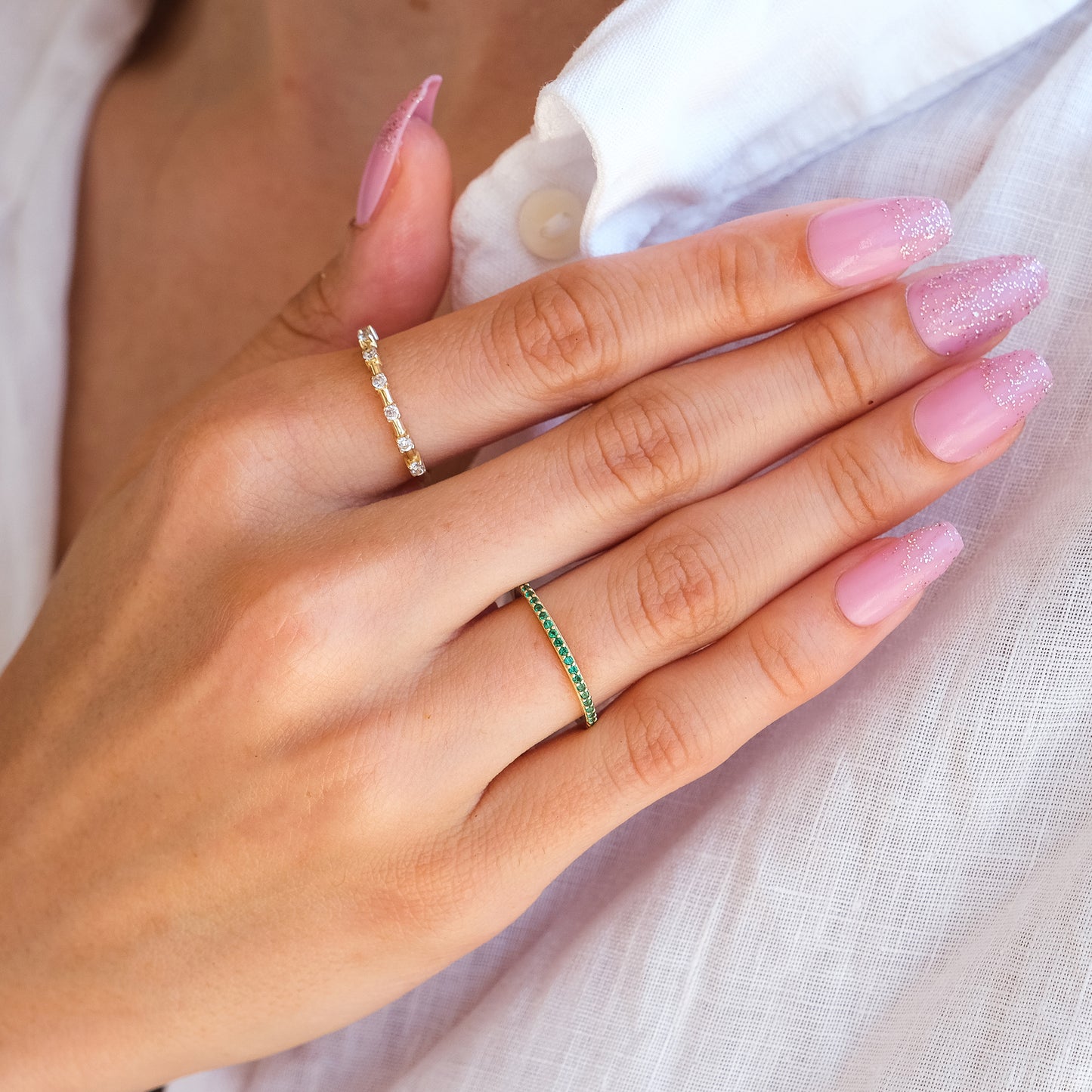 14k Gold Emerald Half Eternity Band Ring – May Birthstone Jewelry