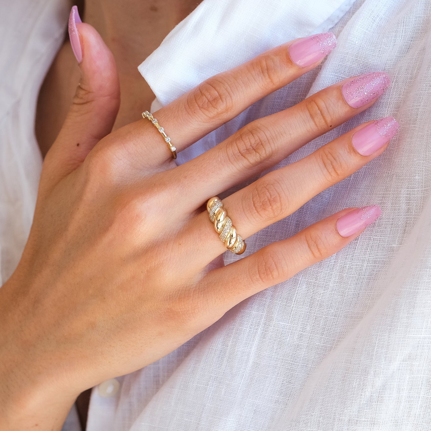 14k Gold Diamond Twisted Croissant Ring – Bold Statement Dome Ring for Women