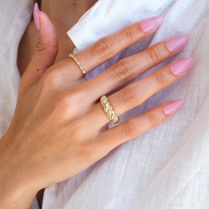 14k Gold Diamond Twisted Croissant Ring – Bold Statement Dome Ring for Women