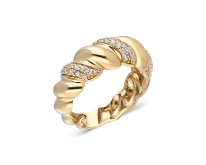 14k Gold Diamond Twisted Croissant Ring – Bold Statement Dome Ring for Women