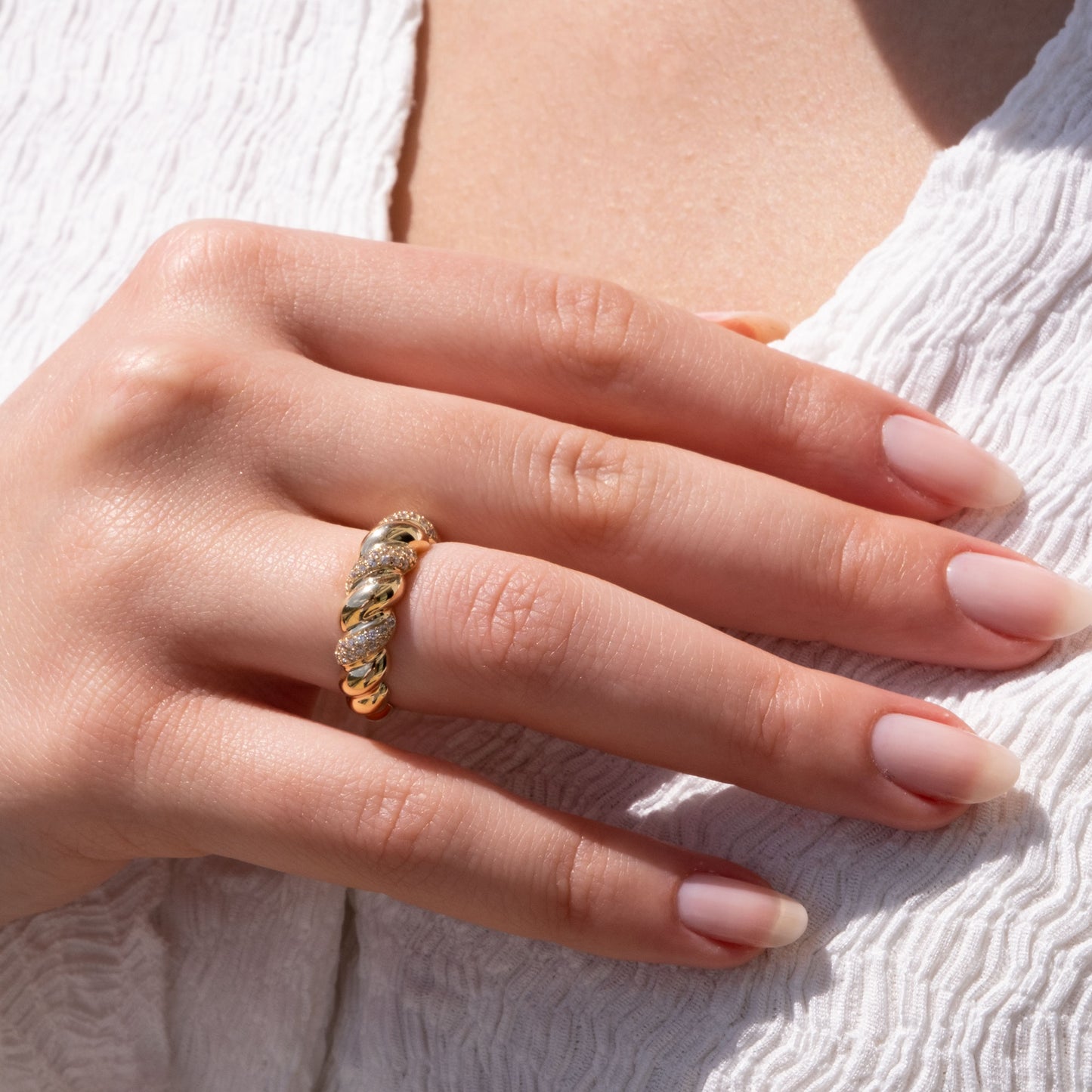 14k Gold Diamond Twisted Croissant Ring – Bold Statement Dome Ring for Women