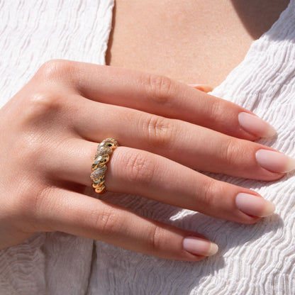 14k Gold Diamond Twisted Croissant Ring – Bold Statement Dome Ring for Women