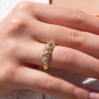 14k Gold Diamond Twisted Croissant Ring – Bold Statement Dome Ring for Women