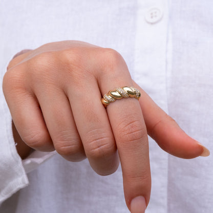 14k Gold Diamond Twisted Croissant Ring – Bold Statement Dome Ring for Women